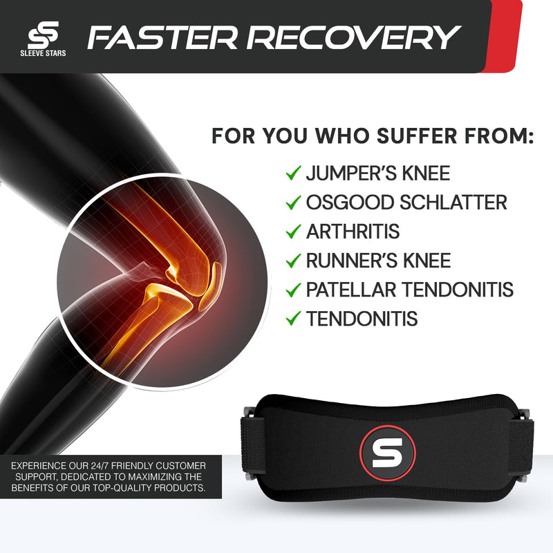 Sleeve Stars Patellar Tendon Support Strap Osgood Schlatter Knee Brace for Kids, Youth, Women & Men w/ 3 Lengths, Swedish Brand Patella Knee Strap Support Band for Arthritis, Tendonitis & Pain (Black) One Size Black 1 - BeesActive Australia