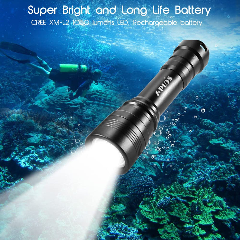 APLOS AP11 Diving Flashlight XM-L2 LED 1050 Lumen Scuba Dive Light, IPX8 Waterproof Underwater 150m 492ft Professional Submersible Light with Rechargeable Batteries and Charger - BeesActive Australia