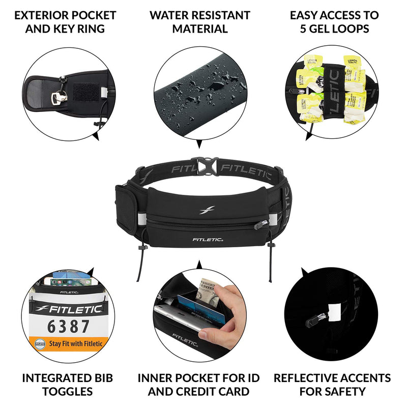Fitletic Ultimate II Race Belt (Running Belt) | Patented No Bounce Technology for Marathon, Triathlon, Ironman, Trail, 5K, 10K | Sport Belt | N04 Black - BeesActive Australia
