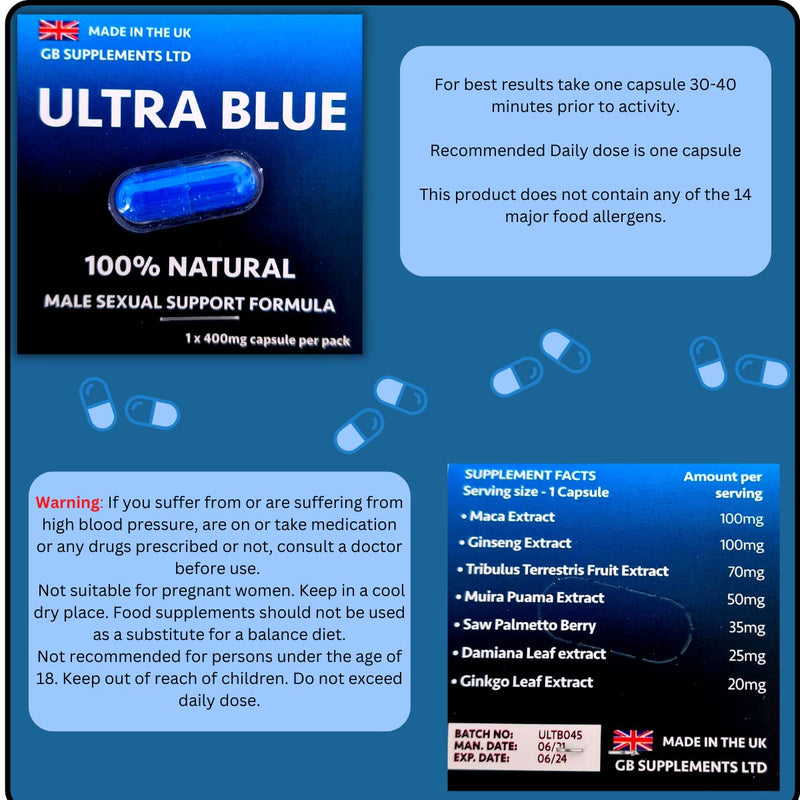 6 x Ultra Blue high Strength Tablets, 100% Herbal Blue Pill Supplement for Men! Stamina, Libido, Endurance Support - BeesActive Australia