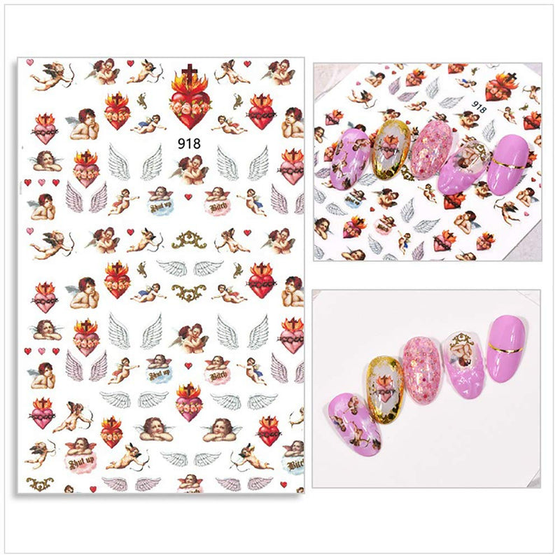 WOKOTO 6 Sheets Adhesive Nail Art Stickers Tips Jesus Angel Wings Flower Cupid Design 3d Nail Decals Decoration Manicure Accessories For Women KIT1 - BeesActive Australia