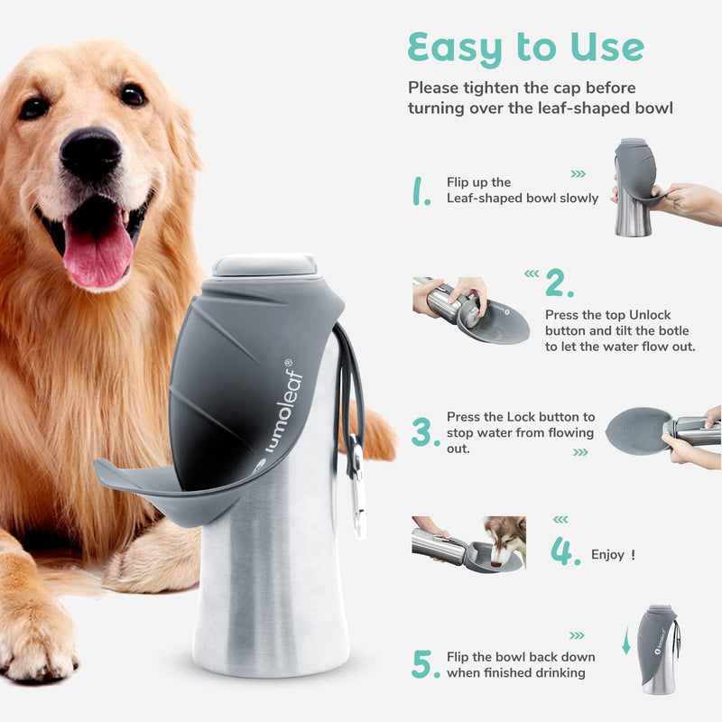 LumoLeaf Portable Dog Water Bottle 27 OZ, Stainless Steel Pet Travel Water Bottle Dispenser for Walking, Hiking and Outdoor, Portable Water Bowl for Large Dogs Grey - BeesActive Australia