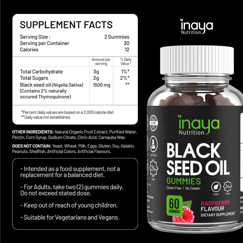 Inaya Nutrition Black Seed Oil Gummies | Natural Raspberry Flavour | Vegan | Contains 2% Thymoquinone from Nigella Sativa Seeds | 60 Gummies | Supports Immune System, Weight Loss, Joints, Hair & Skin - BeesActive Australia