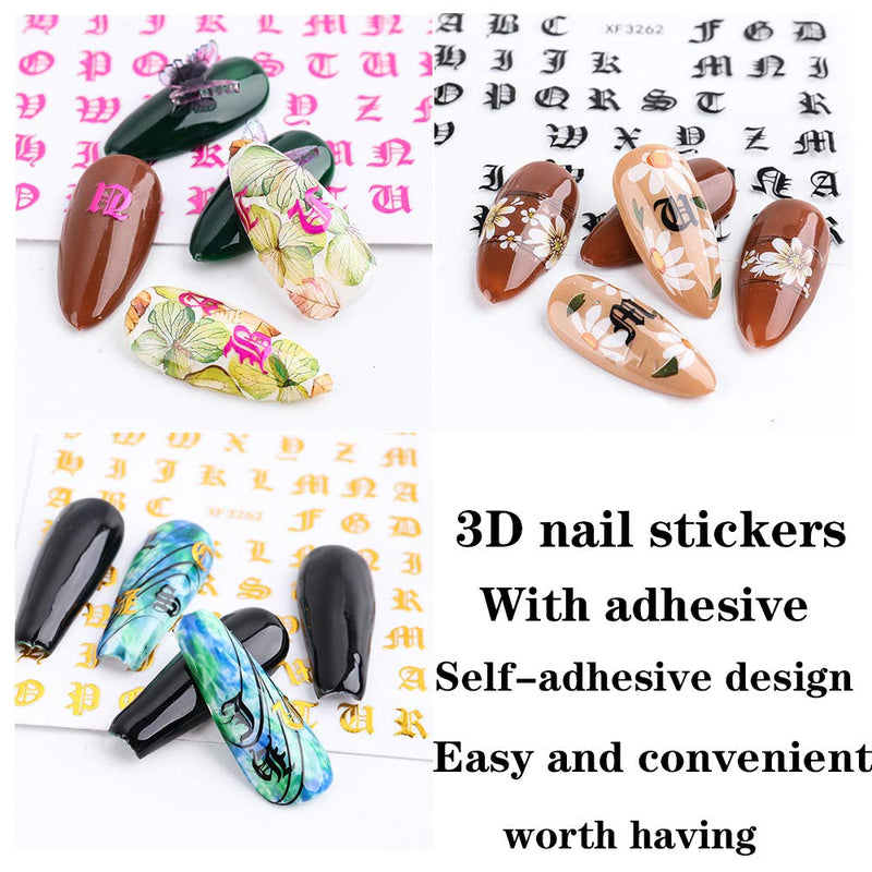 8 Sheets Nail Art Stickers 3D Letter Nail Art Stickers Decals Decoration Old English Alphabet Design Self-Adhesive Letter Nail Stickers Nail Art Decor Supplies for Women 6 - BeesActive Australia