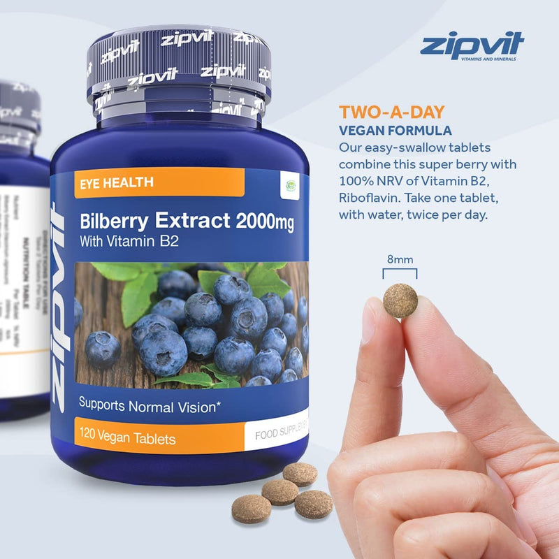 Bilberry Extract 2000mg with Added Vitamin B2, 120 Vegan Tablets. Supports Normal Vision. Vegetarian Society Approved. UK Supplier - BeesActive Australia