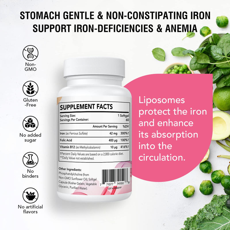 Liposomal Iron Supplement 42 mg (as Ferrous Sulfate) with Folic Acid and Vitamin B12, Increase Iron Levels for Adults, Superior Absorbed and Stomach Friendly (Pack of 1) 60 Count (Pack of 1) - BeesActive Australia
