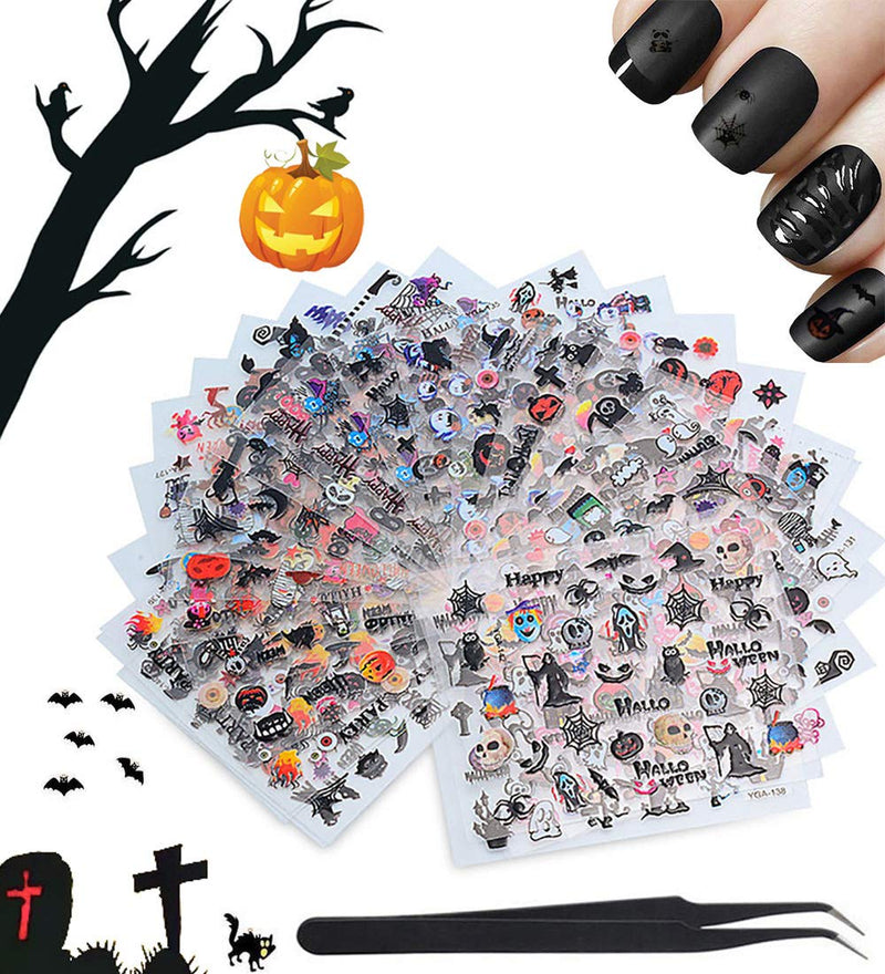 WOKOTO 24Pcs Halloween 3d Nail Adhesive Decals Nail Art Decoration Accessory With 1 Pcs Tweezers Manicure Sticker Kit - BeesActive Australia