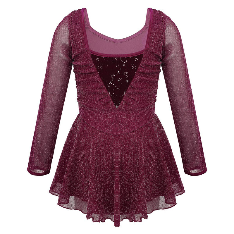 [AUSTRALIA] - YOOJIA Kids Girls Shiny Long Sleeves Splice Figure Ice Skating Leotard Dress Ballet Dance Gymnastics Activewear Burgundy 14 