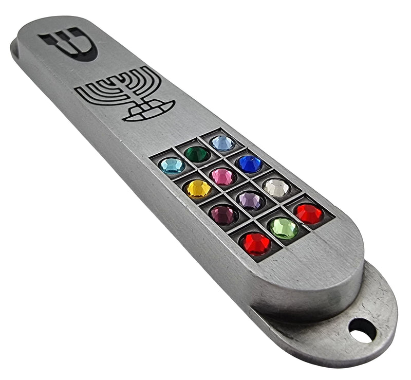 Pewter MEZUZAH Case with Scroll 12 Tribes of Israel Hoshen Design Seven Branch Menorah Judaica Door Mezuza 3.5 Inch - BeesActive Australia