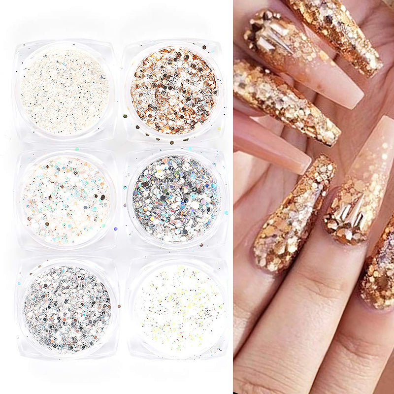 Mori Elves 6 Boxes Holographic Nail Glitter 3D Nail Art Sequins Different Mixed Retro Copper Sparkles Flakes for Women Nail Art Decoration Manicure DIY Cosmetic Champagne - BeesActive Australia