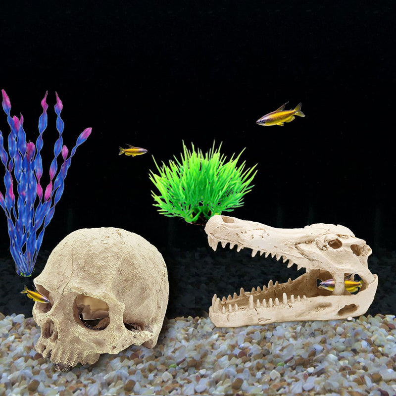 Tfwadmx Bearded Dragon Tank Accessories Reptiles Crocodile Skull Decorations Resin Human Skulls Hideouts Cave Habitat Lizard Plants Hanging Fake Vines Decor for Chameleon,Snake,Spider,Gecko and Fish - BeesActive Australia