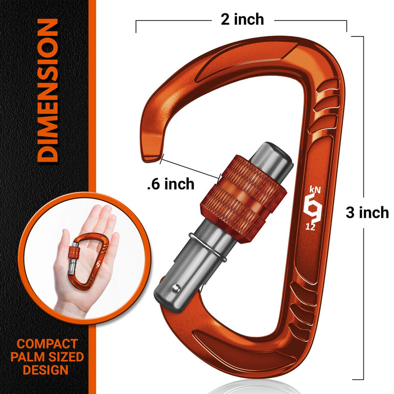 RHINO Produxs 2PCS of 12kN (2697 lbs) Heavy Duty Lightweight Locking Carabiner or Auto Locking Carabiner Clips, for Securing Pets, Outdoor, Camping, Hiking, Hammock, Dog Leash Harness, Keychains, Gym Locking Full Orange - BeesActive Australia