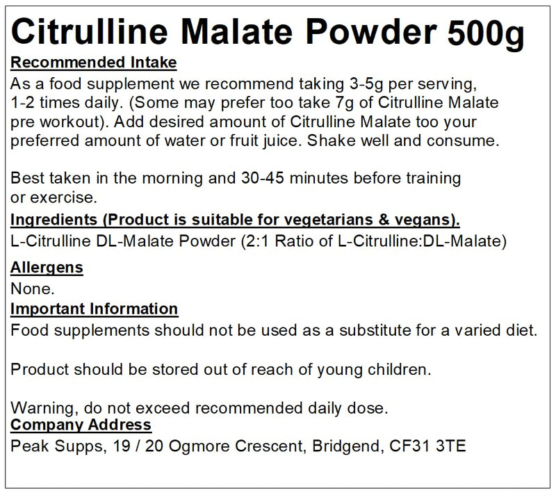 Citrulline Malate Powder 500g - 2 to 1 Ratio - Pure Range - BeesActive Australia