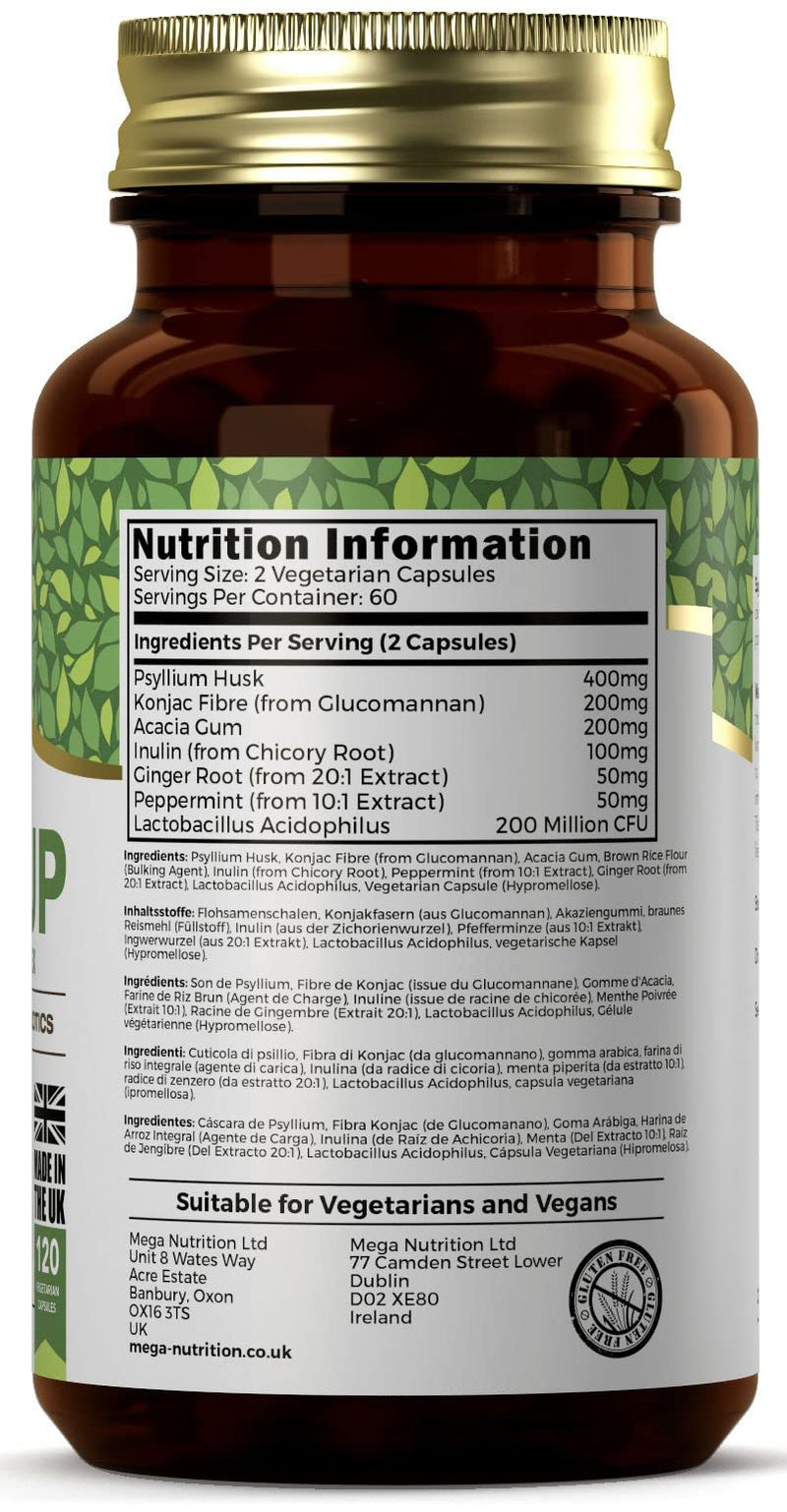 Ezyleaf Fibre-UP Psyllium Husk Capsules | Multi Fibre Supplement + Probiotics & Prebiotics | Inulin, Glucomannan, Acidophilus Probiotic, Acacia Fibre, Peppermint 120 Caps | Non-GMO Vegan Allergen Free - BeesActive Australia