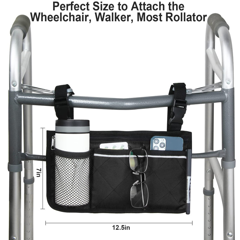 Wheelchair Side Organizer Storage Bag Armrest Pouch with Cup Hold and Reflective Strip, for Most Wheelchairs, Walkers or Rollators (Black) Black - BeesActive Australia