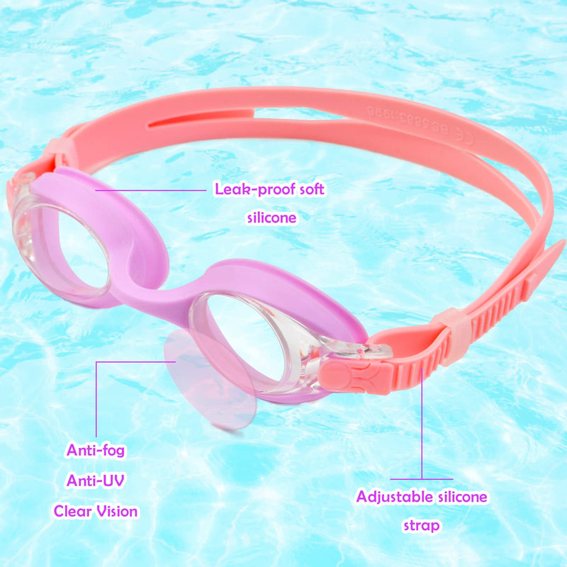 Kids Swim Caps for Girls (Age 3-7), Durable Waterproof Silicone Swimming Cap for Short Hair with Swimming Goggles, Ear Plug and Nose Clip Purple - BeesActive Australia