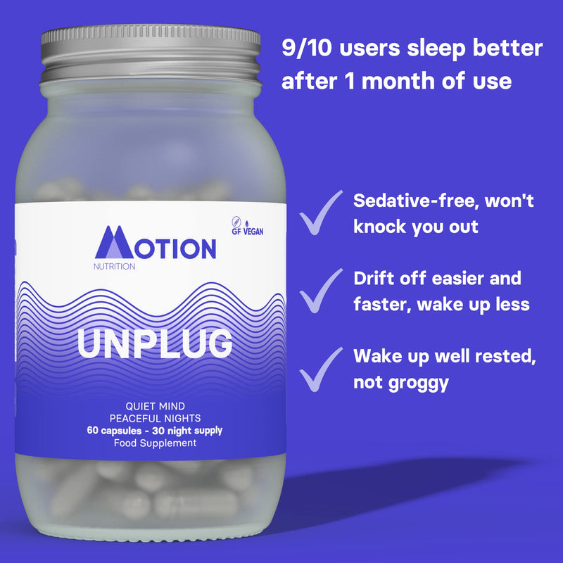 Motion Nutrition Unplug Night Time Nootropic (60 Capsules) | Award Winning Natural Sleep Aid to Calm Your Mind, Help You Fall Asleep Faster & Wake Up Well Rested | Sedative Free | Vegan & Made in UK 60 Count (Pack of 1) - BeesActive Australia