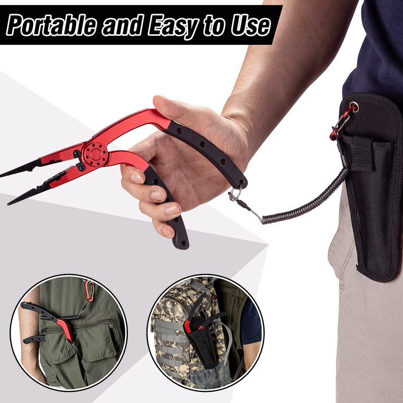 Night Cat Fishing Pliers with Sheath and Lanyard, Long Nose Jaws Braid line Cutters, Saltwater Crimper,Split Ring Openers,Hook Removers, Fishing Tools Gears Rustproof 9'' H-Shaped Handle Plier RED - BeesActive Australia