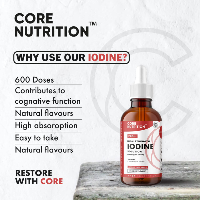 Iodine Liquid Drops - Vegan - High Strength 600mcg per Serving - 400 Servings - 240,000mcg per 60ml Dropper Bottle - Liquid Iodine Solution for Fast Absorption - Made in UK by Core Nutrition - BeesActive Australia