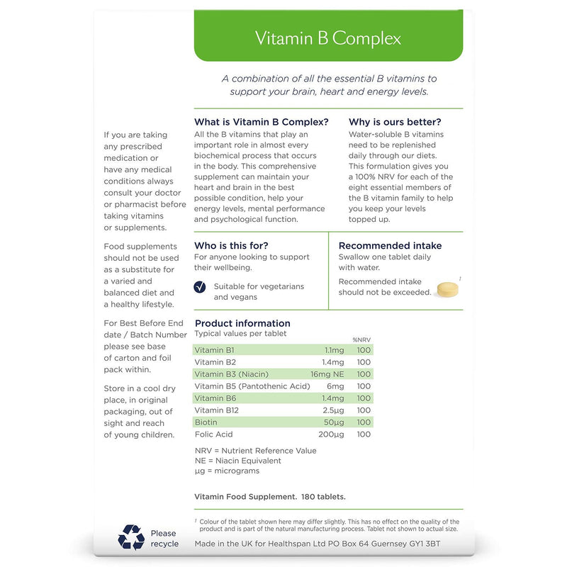 Healthspan Vitamin B Complex (6 Months' Supply) | High Levels of 8 B-Complex Vitamins | Heart Health, Mental Performance & Psychological Function | Combat Tiredness & Fatigue | Gelatin Free | Vegan 180 Count (Pack of 1) - BeesActive Australia