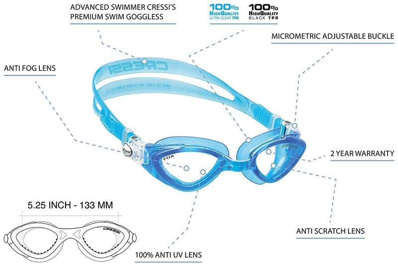 [AUSTRALIA] - Cressi Adult Swimming Goggles with Flat Lenses for Natural Vision - Soft Silicone | Fox: made in Italy Black 