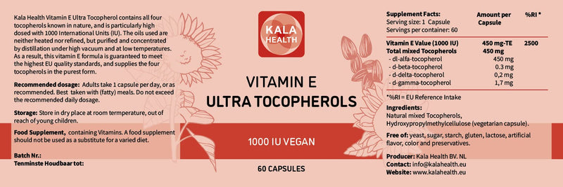 Kala Health Vitamin E 1000IU Ultra Tocopherol 450mg Vitamin E Vegan � All 4 Tocopherols - Alpha Tocopherol + Beta Tocopherol+ Gamma Tocopherol+ Delta Tocopherol� Unique d Alpha tocopherol Vitamin e - BeesActive Australia
