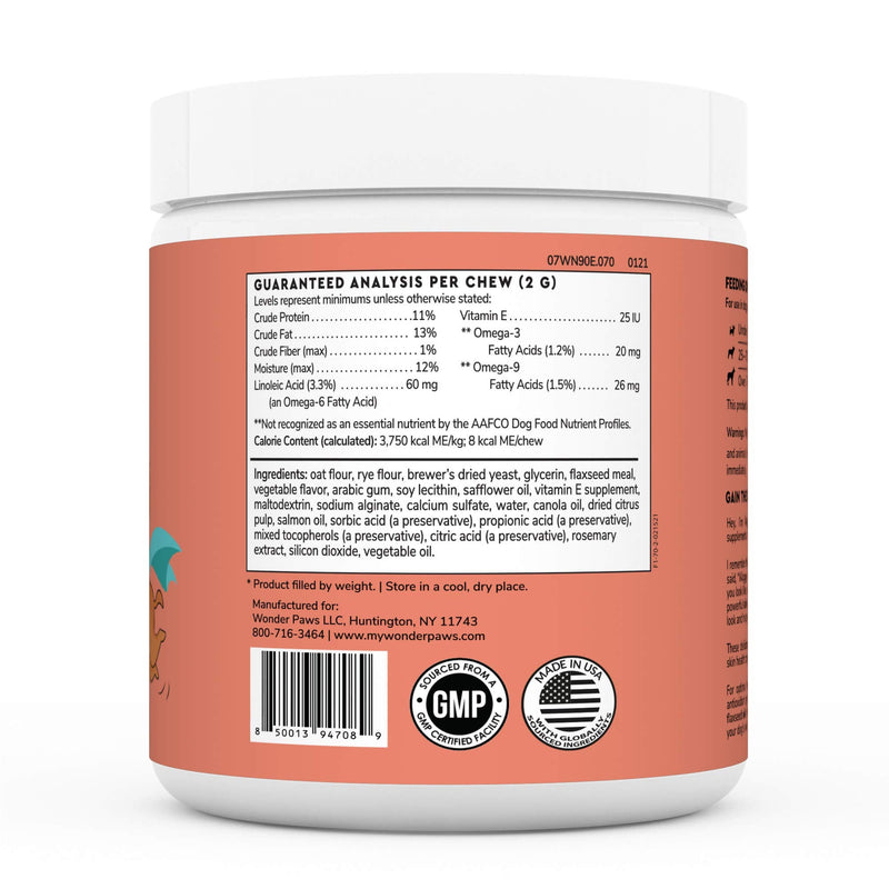 Wonder Paws Skin & Coat Supplement for Dogs with Salmon Oil, Omega 3 & 6, EPA & DHA, Promotes Healthy Skin and Coat, Itchy Relief, Joint and Overall Health, Delicious Flavor, 70 skin & coat Soft Chews - BeesActive Australia