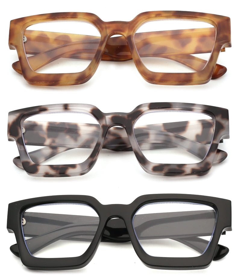 JM 3 Pack Square Reading Glasses, Blue Light Blocking Computer Reader for women men 3 Pack Mixed Color 0.0 x - BeesActive Australia