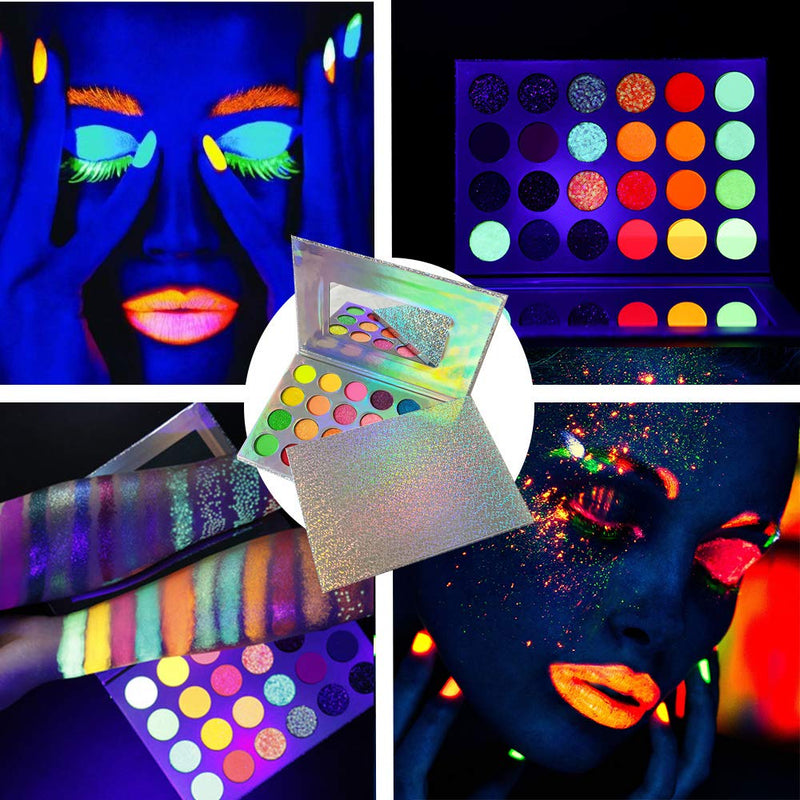 Glow in the dark paint, Kalolary Neon Eyeshadow Glow Palette UV Glow Blacklight Matte and Glitter, 24 Colors Highly Pigmented Eyeshadow Kit with 4 Brushes for Halloween Face Body Makeup - BeesActive Australia