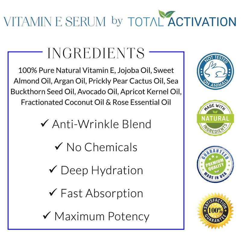 Total Activation Vitamin E Oil 100% Pure Cold Pressed Natural Antioxidant, Dry Skin Treatment Body Moisturizer Anti-Aging Skin Moisturizer Ultra-Hydrating Skin Healer Hair and Nail Growth Oil 4 oz - BeesActive Australia