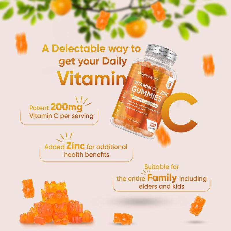 Vitamin C and Zinc Gummies for Adults & Kids - 200mg VIT C as L-Ascorbic Acid - 120 Chewable Vitamin C Gummies - Low Sugar, Natural Orange Flavour, Immunity Vitamins - Hair, Skin & Nail Vitamins - BeesActive Australia