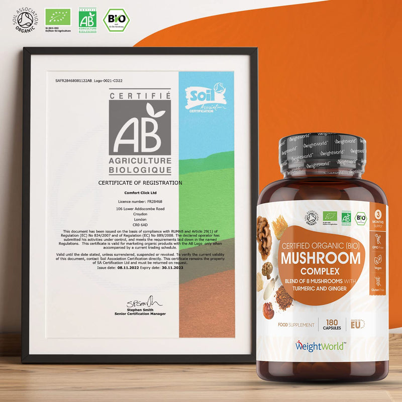 Organic Mushroom Complex 8-180 Capsules - 1000mg - Lion's Mane and 7 Mushroom Blends (Reishi, Chaga, Cordyceps, Shitake, Oyster, Maitake & Coprius) - Added Turmeric & Ginger - Vegan Capsules - BeesActive Australia
