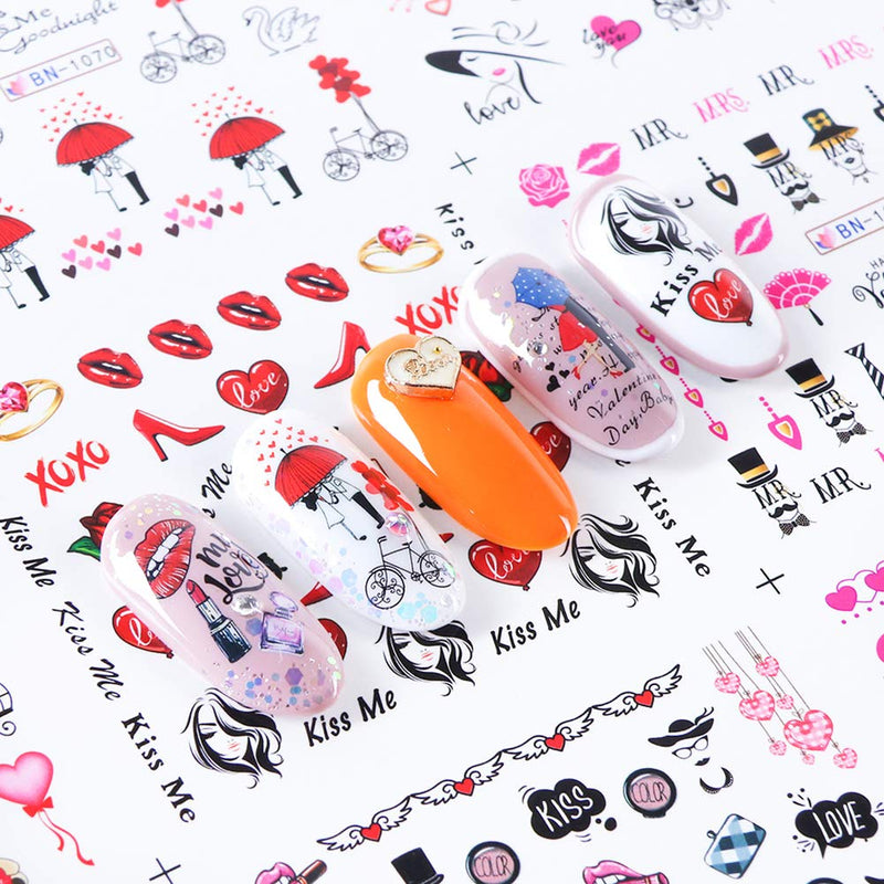 Valentine's Day Nail Art Stickers Water Transfer Nails Decals Lips Heart Letters Love Kiss Rose Pattern Nail Art Design for Women Girls Manicure Tips Charms Decorations Sexy Nails Supplies (12 Sheets) - BeesActive Australia