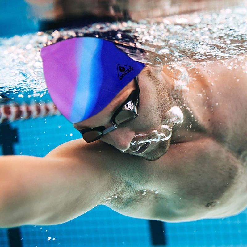Water Gear Silicone Adult Swim Cap - Flexible Unisex Waterproof - Great for Short and Long Hair - Improve Your Performance - Women Men and Teens -Triathlon Swimmers and Athletes (Blue/Purple) - BeesActive Australia