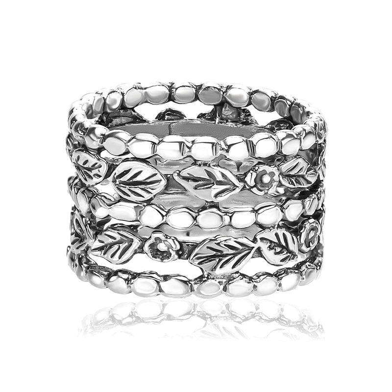 925 Sterling Silver Wide Ring Flowers and Leaves, Oxidized, Vintage Look Stylish Hypoallergenic, Nickel and Lead-free, Artisan Handcrafted Designer Collection Made in Israel (Size 5-11) 7 - BeesActive Australia