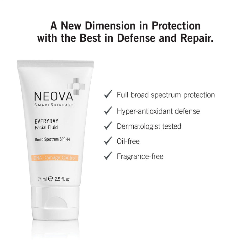 NEOVA SmartSkincare Facial Sunscreen Everyday Facial Fluid 2.5 fl. Oz. | Broad Spectrum SPF 44 Hybrid Sun Defense | Oil Free & Non Comdogenic - BeesActive Australia