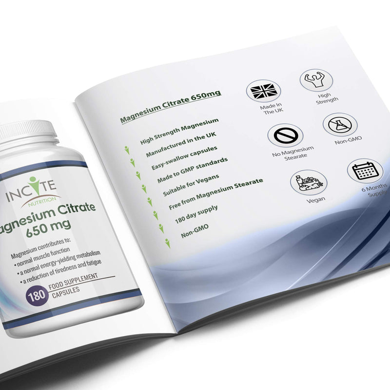 Magnesium Citrate Supplement 650mg | 180 Premium Vegan Capsules not Tablets (6 Month�s Supply) | High Strength Magnesium Citrate | Suitable for Vegetarian | Made in The UK by Incite Nutrition� - BeesActive Australia