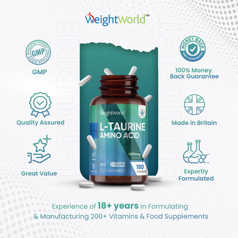 L Taurine 1000mg Capsules - 180 High Strength Taurine Capsules (3 Months Supply) - Vegan Amino Acid Taurine Supplement for Overall Health - Pre Workout Supplement for Men & Women - Made in The UK - BeesActive Australia