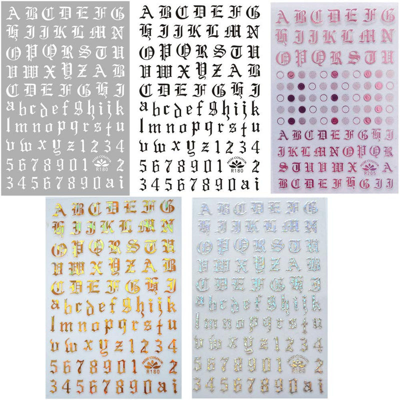 EBANKU 5colors Letter Nail Art Stickers 10 Sheets Letter Nail Stickers for Nails Old English Words Alphabet Nail Decals 5 Colors - BeesActive Australia