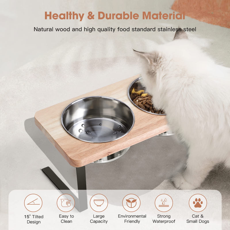 Siooko Elevated Cat Bowls, 15° Tilted Raised Cat Food Bowls Wood Pet Bowls with Stand Anti Vomiting 2 Stainless Steel Bowls for Cats and Puppy - BeesActive Australia