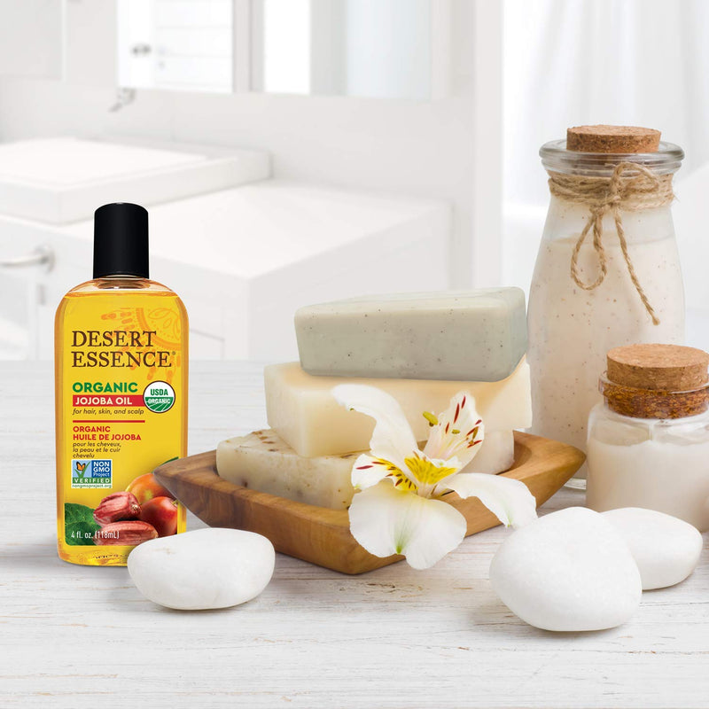 Desert Essence Organic Jojoba Oil - 4 Fl Oz - Moisturizer for Face, Skin, Hair - Cleanses Clogged Pores - May Prevent Scalp Flakiness - Fights Skin Infections - USDA - Suitable for Sensitive Skin 4 Fl Oz (Pack of 1) - BeesActive Australia