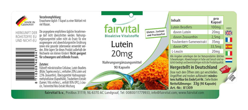 Fairvital | Lutein 20mg - Bulk Pack for 3 Months - Vegan - HIGH Dosage - 90 Capsules - microencapsulated - BeesActive Australia