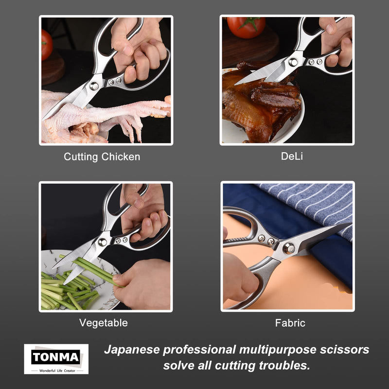 TONMA Kitchen Scissors All-Purpose [Made in Japan], Industrial Grade Poultry Shears Heavy Duty with Ergonomic Handles, Ideal for Meat, Chicken, Fish, Seafood, Herbs, Vegetable, Fabric, Leather Silver - BeesActive Australia