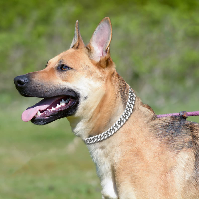 Strong Metal Dog Collars with Safety Buckle, 14mm Wide 316L Stainless Steel Cuban Link Chain Training Dog Collar Necklace for Small Medium Large Dogs A-Silver 18inch - BeesActive Australia