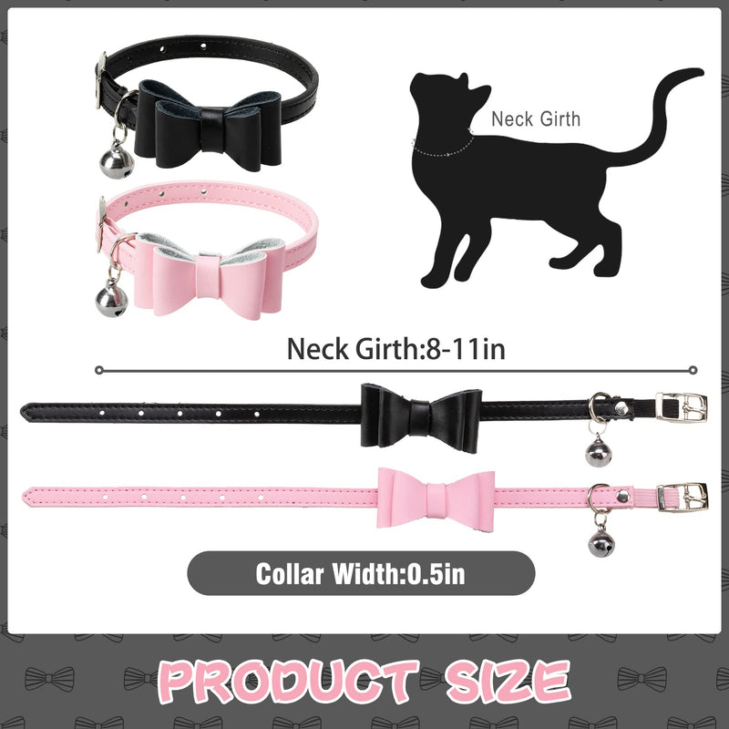 PUPTECK 2 Pack Leather Cat Collars with Detachable Bowtie & Bell - Adjustable Pet Collars with Nice Color for Small Medium Large Kitties, Skin-Friendly, Safety Kitty Collars, 8 - 11inch Black+Pink - BeesActive Australia