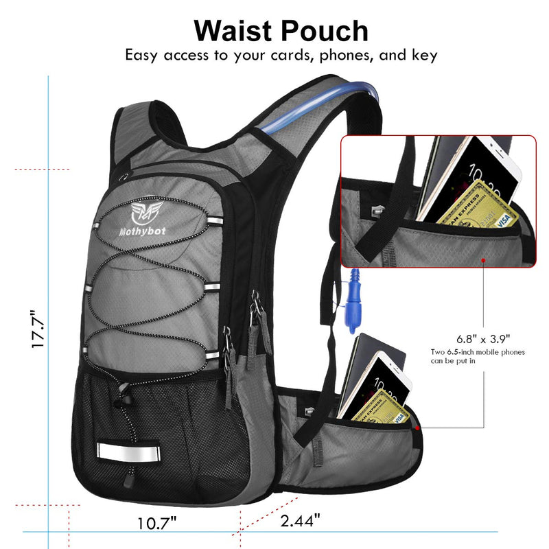 Mothybot Hydration Pack, Insulated Hydration Backpack with 2L BPA Free Water Bladder and Storage, Hiking Backpack for Men, Women, Kids for Running, Cycling, Camping - Keep Liquid Cool up to 5 Hours Gray - BeesActive Australia