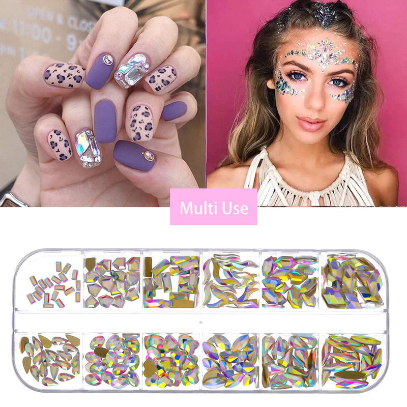 AB Nail Art Crystals multi-shape 3D Glass Gemstones, Flatback AB Crystals Rhinestones for Nails Clothes Face Jewelry (12style20pcs) - BeesActive Australia