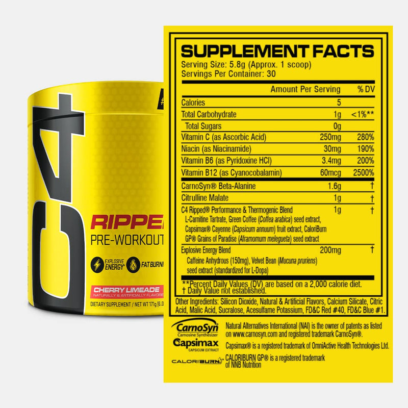 Cellucor C4 Ripped Pre Workout Powder Cherry Limeade | Creatine Free + Sugar Free Preworkout Energy Supplement for Men & Women | 150mg Caffeine + Beta Alanine| 30 Servings 30 servings (Pack of 1) - BeesActive Australia