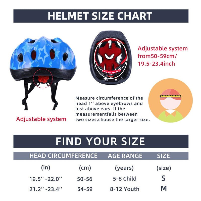 Kids Bike Helmet Skateboard Helmet 5-14 Years Sports Protective Gear Set Adjustable Youth Helmet Knee Elbow Pads Wrist Guards for Cycling Scooter Rollerblading CPSC Certified blue star S? 5-8 years/19.5-22 IN ) - BeesActive Australia