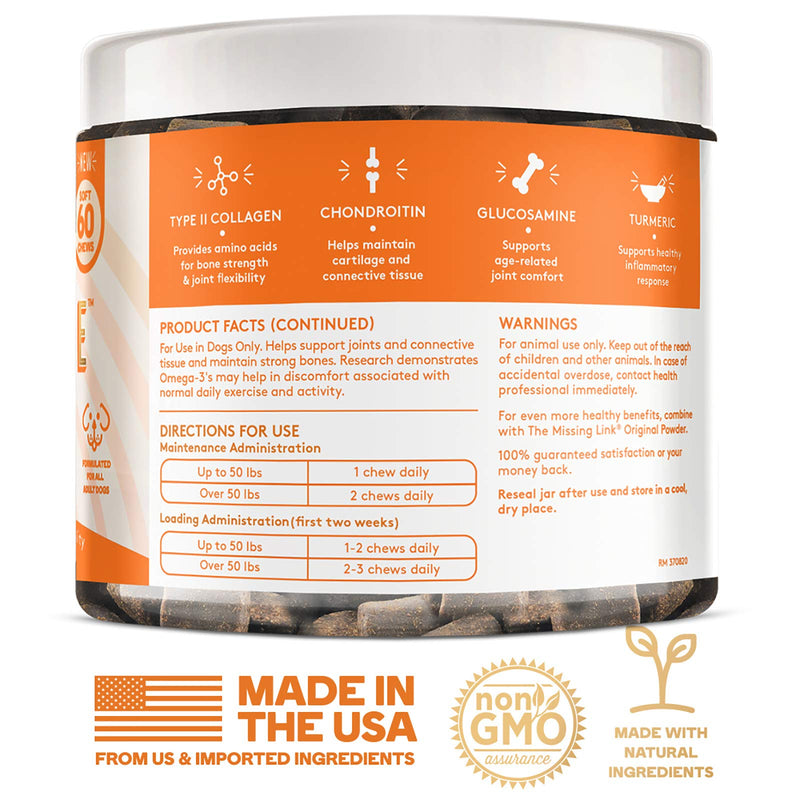 The Missing Link Collagen Care Soft Chew Nutritional Treats for Dogs - Collagen, Glucosamine, Chondroitin & Turmeric - Mobility & Anti-Inflammatory Support - Hip & Joint 60 Count - BeesActive Australia